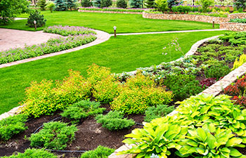 Landscaping panorama of home garden