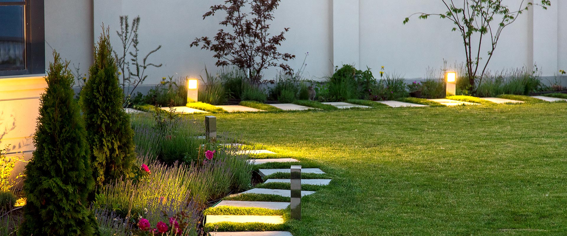 garden with landscape lighting